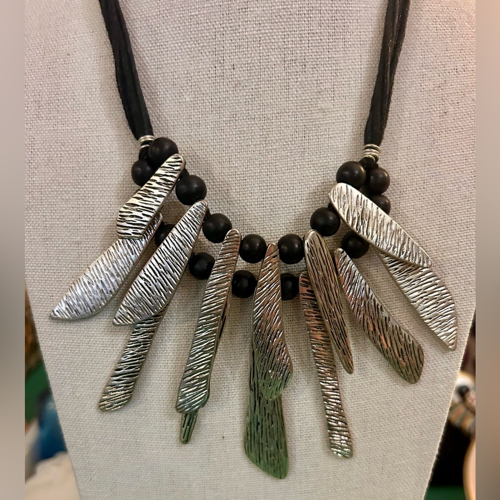 Boho Silver-tone Artisan and Black Beaded Necklace on Multi-cord Strings - Picture 5 of 7